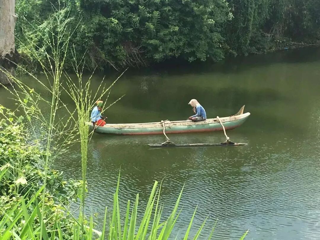 A small boat on a green waterway.